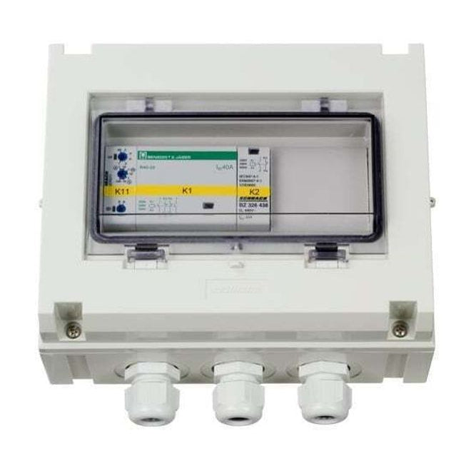Victron 5KVA transfer switch in a white weatherproof enclosure with clear access cover and three cable glands