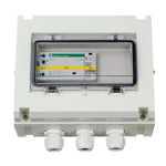 Victron 5KVA transfer switch in a white weatherproof enclosure with clear access cover and three cable glands