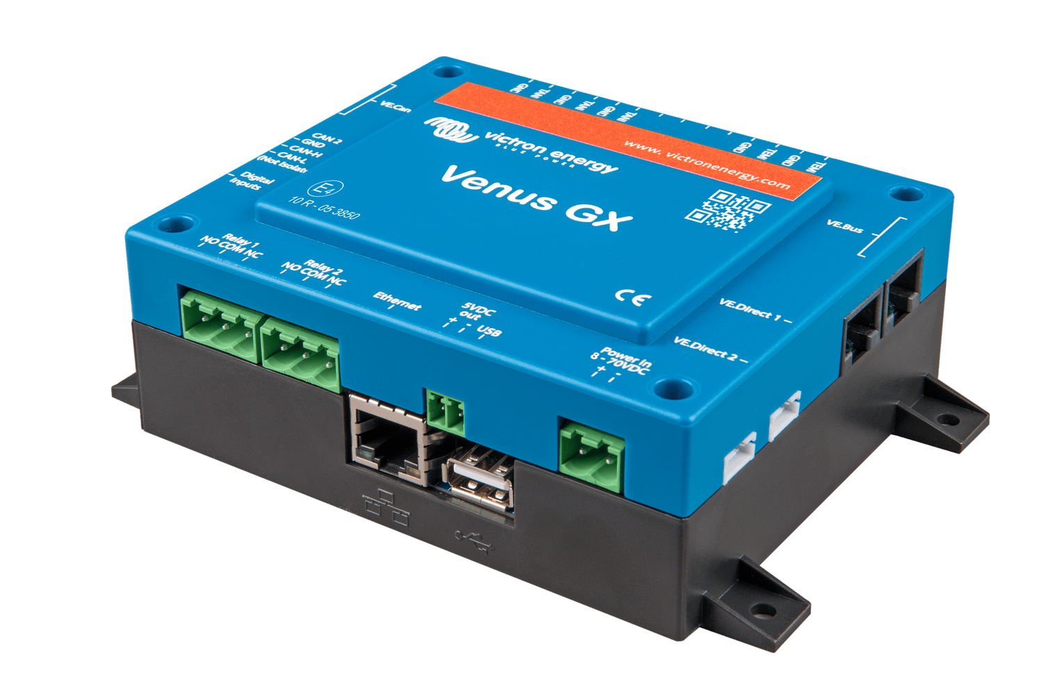 Side view of Victron Venus GX highlighting the VE.Direct and VE.Bus communication ports