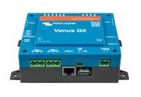 Frontal view of Venus GX enclosure showing relay, ethernet and USB port placement