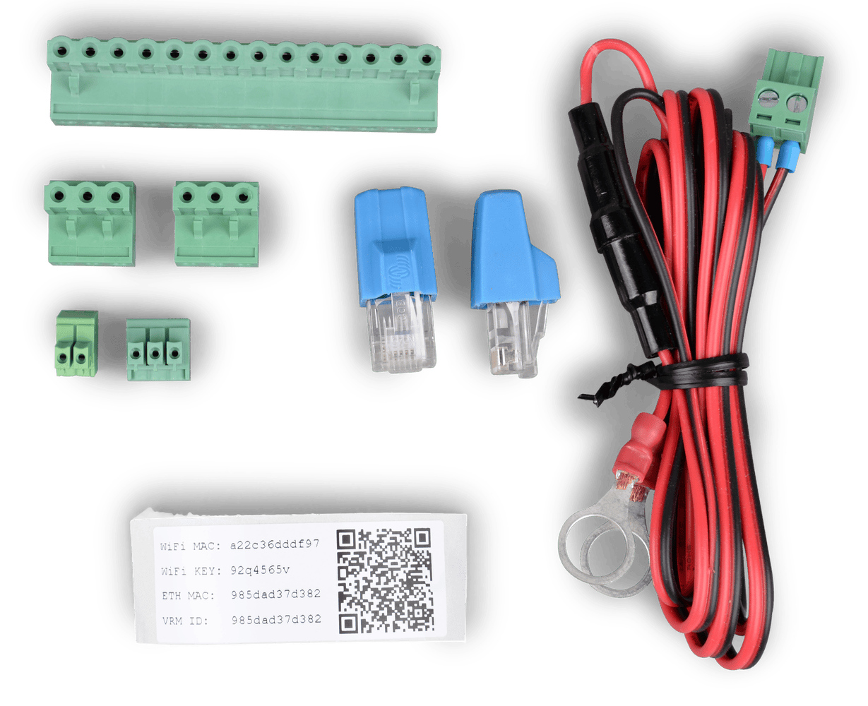 Accessories for Venus GX including terminal blocks, power cable with fuse and ID stickers