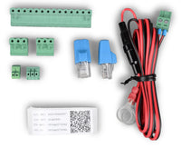 Accessories for Venus GX including terminal blocks, power cable with fuse and ID stickers