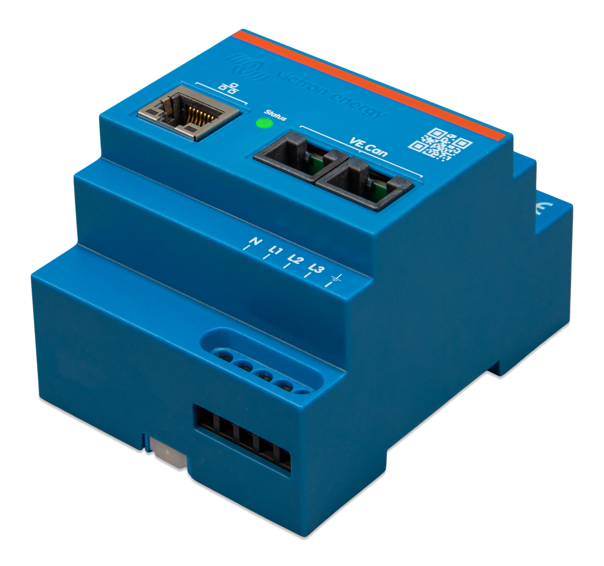 Angled perspective of Victron three-phase energy meter in blue plastic housing