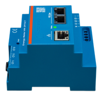 Side profile of DIN rail mounted energy meter showing stepped enclosure design