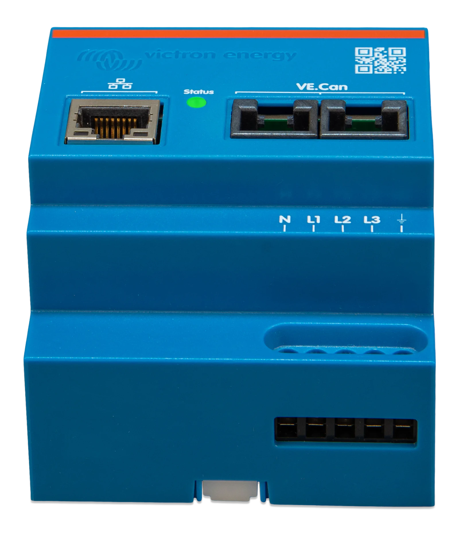 Top perspective view of energy meter showing Ethernet and VE.Can connection ports