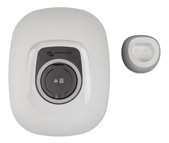 White EV charging station front cover with black socket cover and separate wall-mount holster