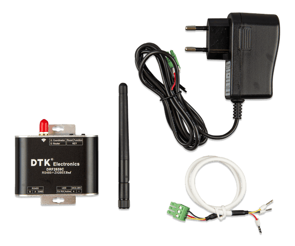 Zigbee to RS485 converter kit including module, antenna, power adapter, and wiring cables