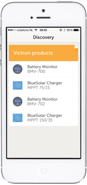 Device discovery screen on the VictronConnect app listing multiple connected battery monitors and solar chargers