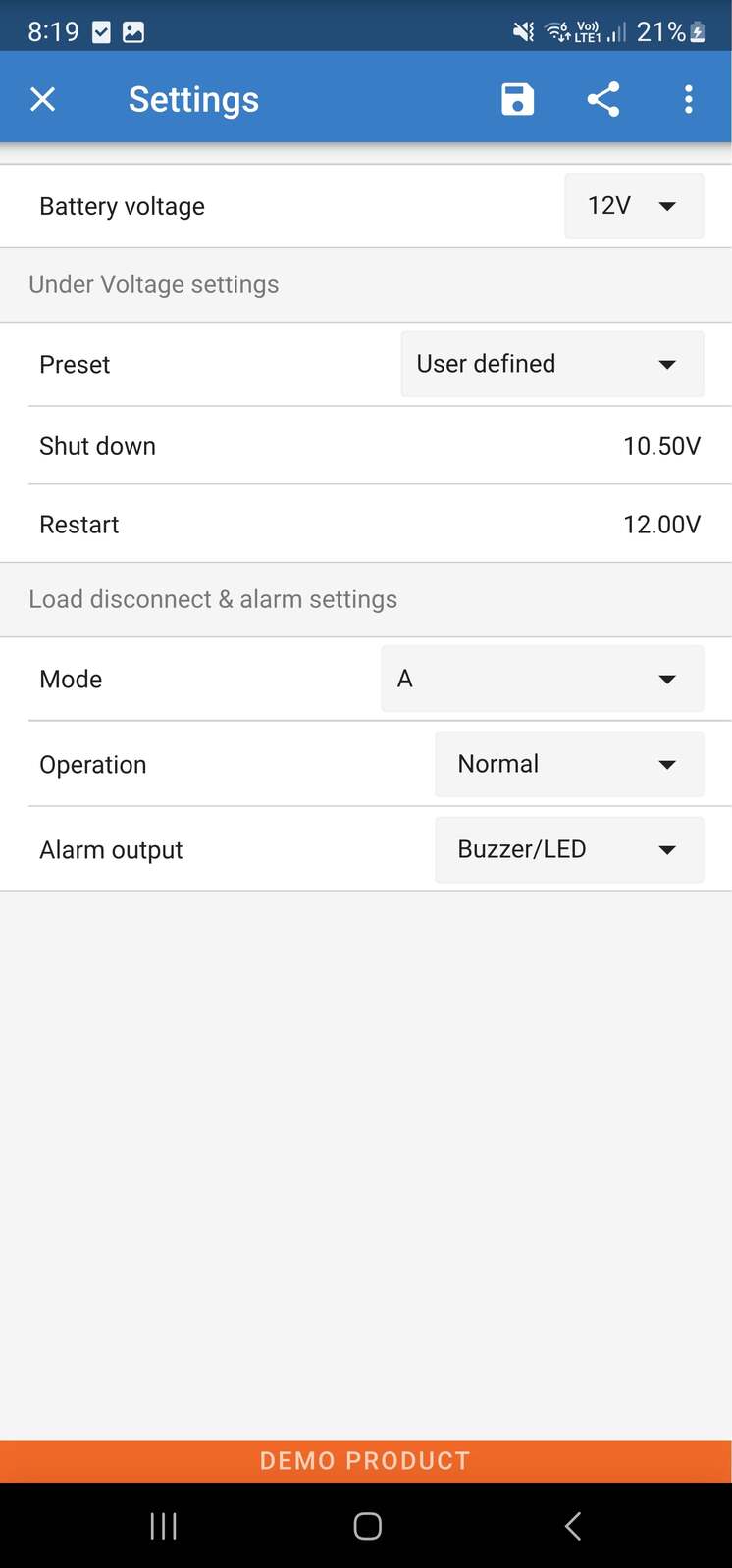 App settings screen for customising voltage disconnect and reconnect thresholds