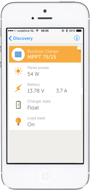 VictronConnect app interface on a smartphone showing real-time solar charger data and battery status