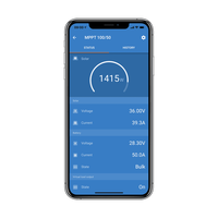 VictronConnect app interface on a smartphone showing real-time solar and battery status