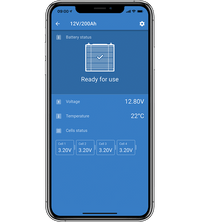 VictronConnect smartphone app interface showing real-time battery voltage, temperature and cell status