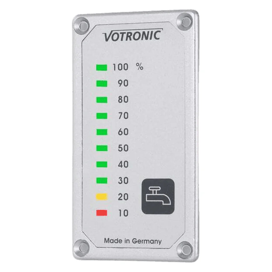 Votronic fresh water tank level display featuring a vertical LED indicator scale from 10 to 100 percent