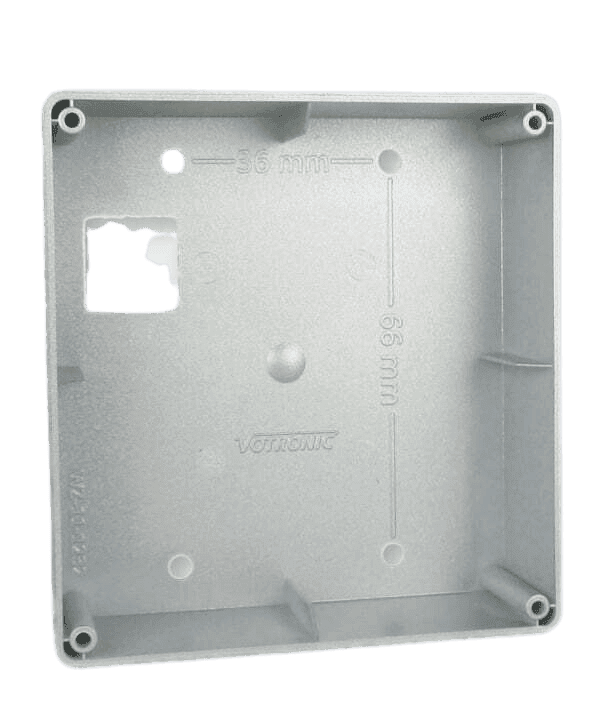 Interior view of grey plastic Votronic remote LCD display housing with mounting points and dimension markings