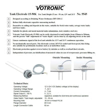 Technical specification sheet for Votronic tank electrode 15-50K for fresh water