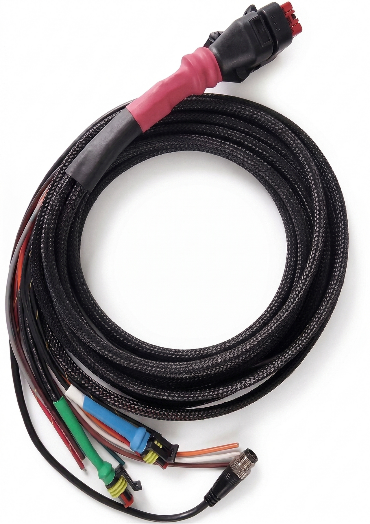 Coiled black braided P-type wiring harness for Wakespeed WS500 with M12 NMEA2000 connector