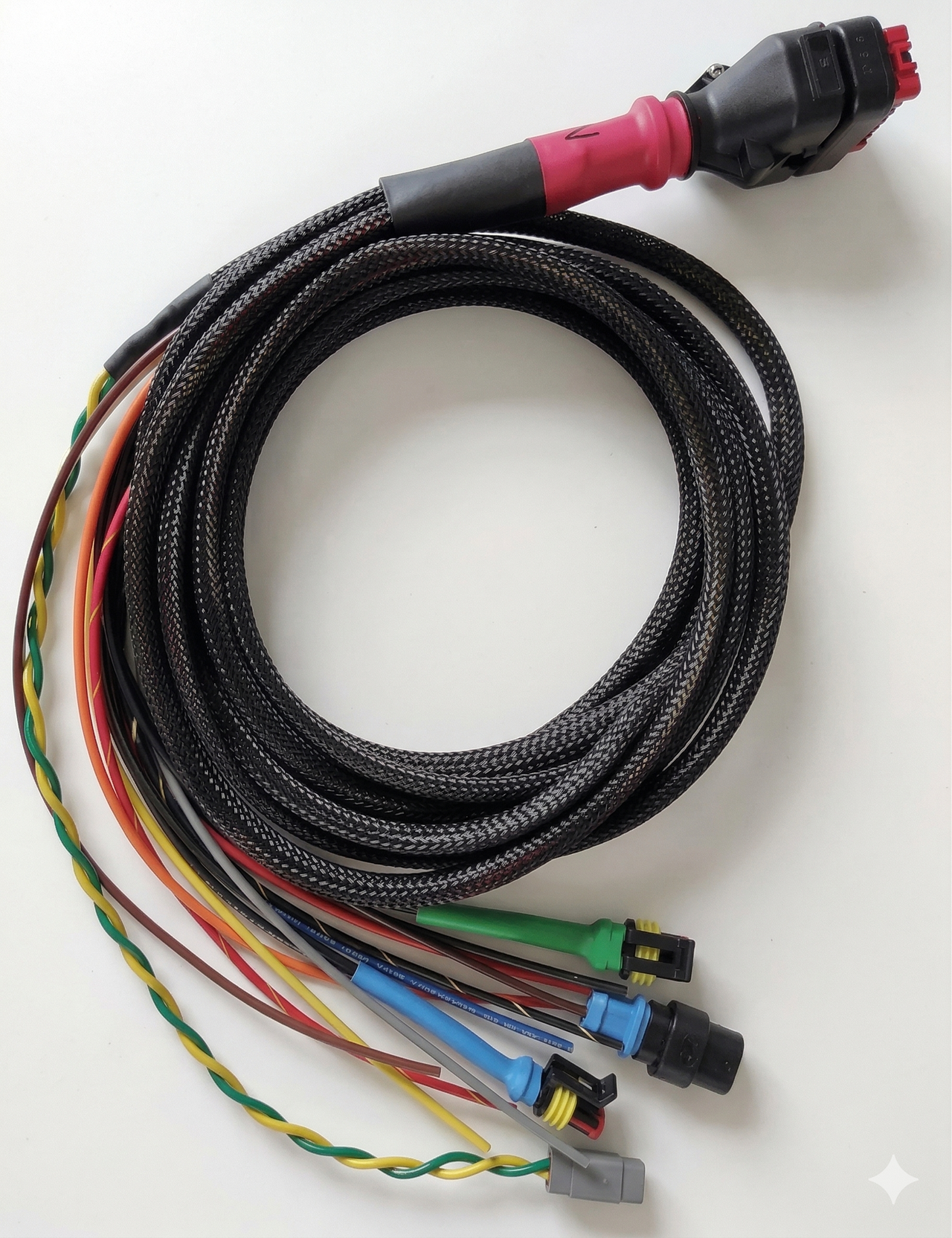 Wakespeed WS500 P-type wiring harness featuring braided loom, CANBus plug and colour-coded leads