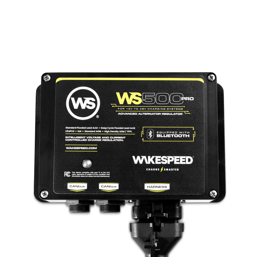 Wakespeed WS500 Pro alternator regulator with wiring harness attached on black background