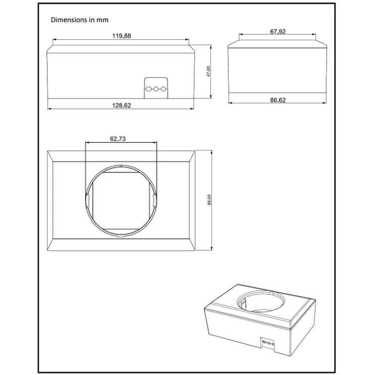 Technical drawing of the wall mount enclosure with external dimensions in millimetres