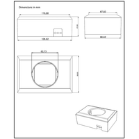 Technical drawing of the wall mount enclosure with external dimensions in millimetres