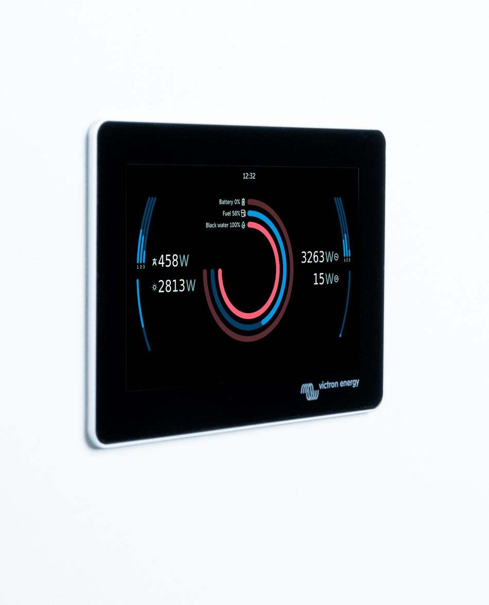 Profile view of wall mounted Victron GX Touch 50 display with dark interface theme