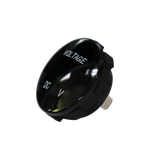 Angled front view of round black voltmeter gauge displaying VOLTAGE and DC V text