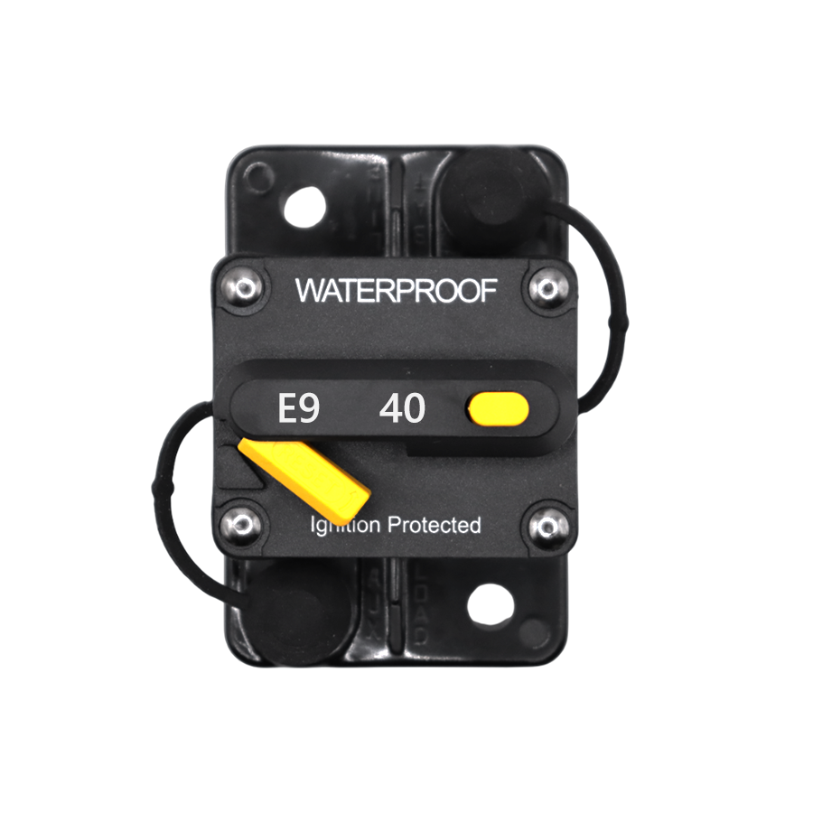 Top-down view of 40A waterproof circuit breaker showing yellow reset lever and trip button