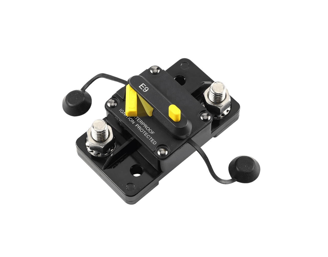 Angled view of surface mount circuit breaker highlighting rugged housing
