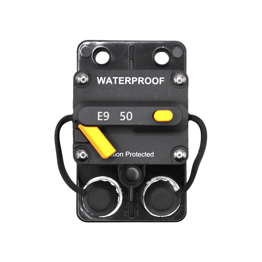Top-down view of 50A waterproof DC circuit breaker showing reset lever and terminals
