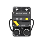 Top view of 80A waterproof circuit breaker showing reset lever, trip button and connection studs