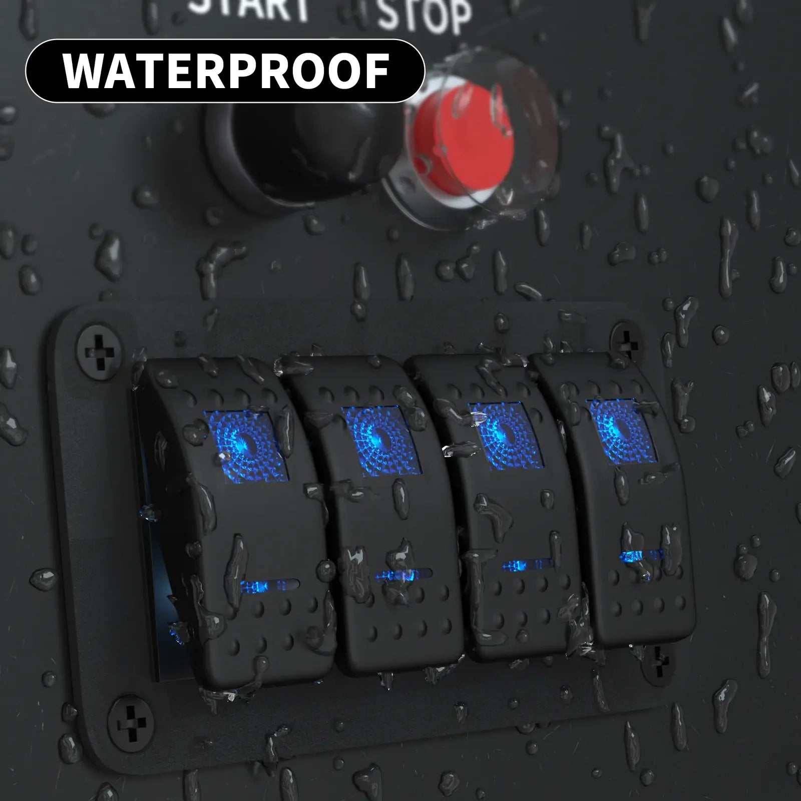Water droplets on black rocker switch panel demonstrating waterproof design for marine use