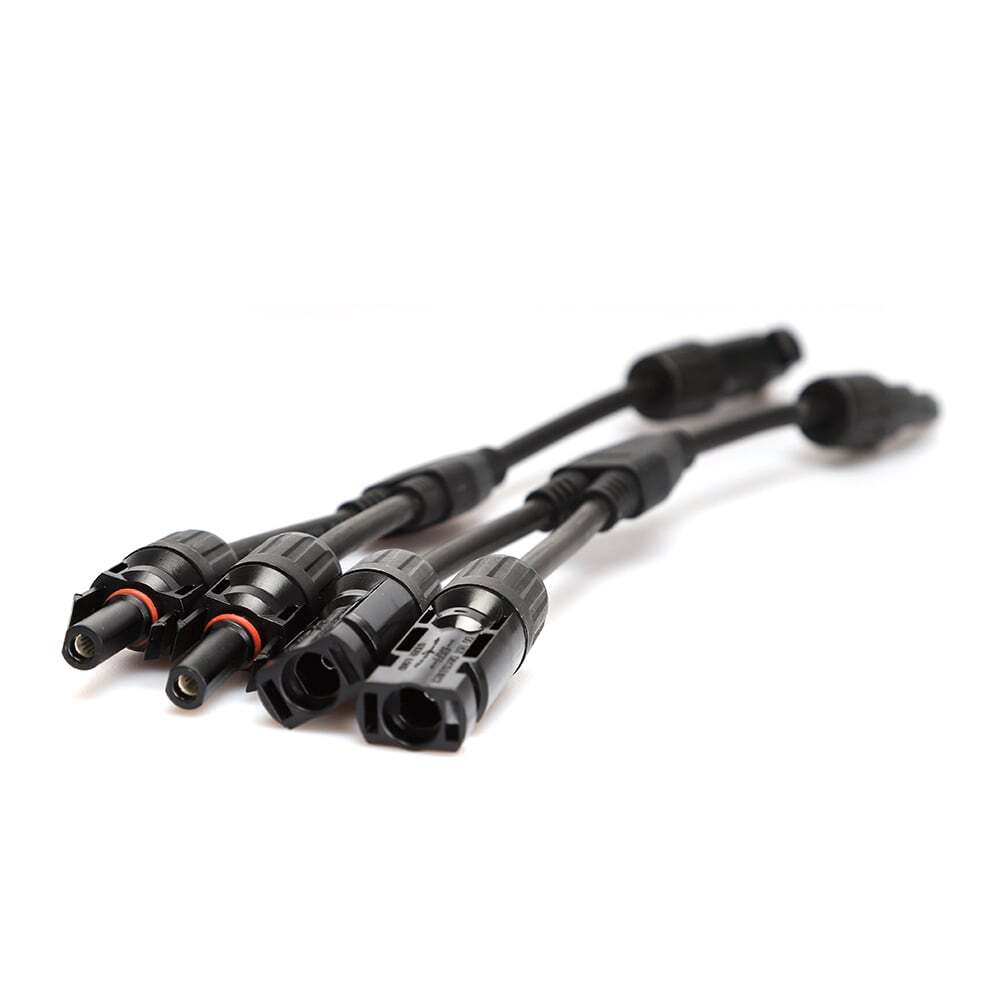 Close-up of solar connector pins and red waterproof O-rings on the Y-branch adapter ends