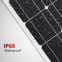 Macro view of solar panel surface with water droplets highlighting IP68 waterproof rating