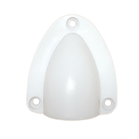 Top-down view of white clamshell cable entry cover featuring three mounting holes