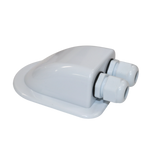 Angled view of white ABS dual cable entry gland showing aerodynamic housing and wide base flange for mounting