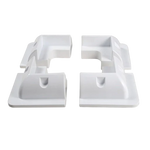 Set of four white ABS plastic corner brackets for solar panel mounting arranged in a square