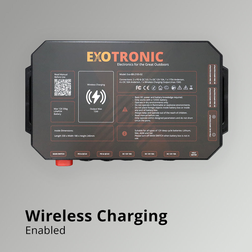 Top of the battery box lid showing 10W wireless charging zone and printed specifications