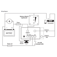 Schematic wiring diagram showing battery, fuse, load and switch connections for the battery guard