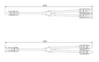 Dimensional drawing of Y-branch solar connector showing 300mm cable length and connector types