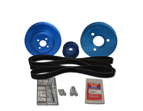 Complete pulley kit for Yanmar 4JH3 engines including blue anodised pulleys, drive belts, and mounting hardware