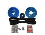 Yanmar pulley kit including three blue anodised pulleys, drive belt, Tef-Gel lubricant, Loctite and mounting bolts