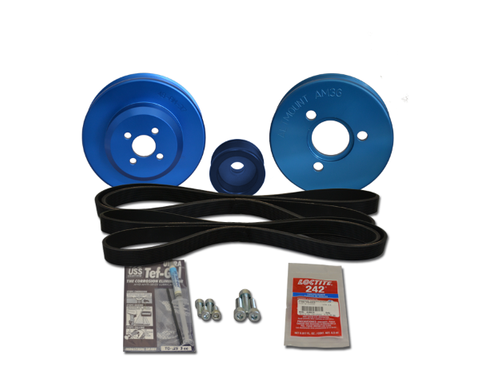 Yanmar pulley kit including three blue anodised pulleys, drive belt, Tef-Gel lubricant, Loctite and mounting bolts