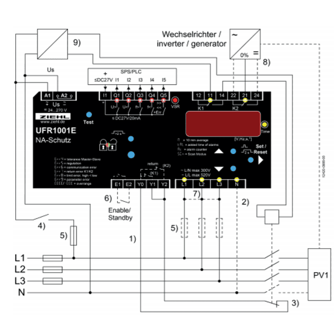 Technical wiring diagram of Ziehl UFR1001E anti-islanding relay showing grid and inverter connections