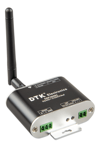 Angled perspective of a black Zigbee to RS485 converter showing terminal connections