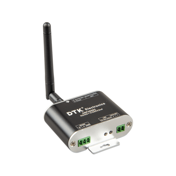 Angled perspective of a black Zigbee to RS485 converter showing terminal connections