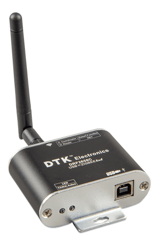 Angled view of the black Zigbee to USB converter showing side and front profiles