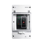 Front view of ZJBeny 250A 2-pole DC circuit breaker in a white IP65 weatherproof enclosure with transparent cover