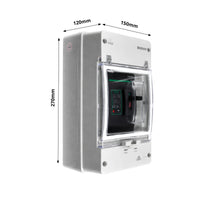 Dimensional diagram showing the circuit breaker enclosure measuring 270mm high, 150mm wide and 120mm deep