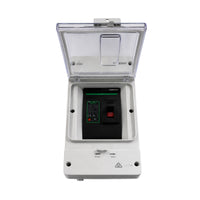 High angle view of the ZJBeny 125A DC circuit breaker with the enclosure lid fully open