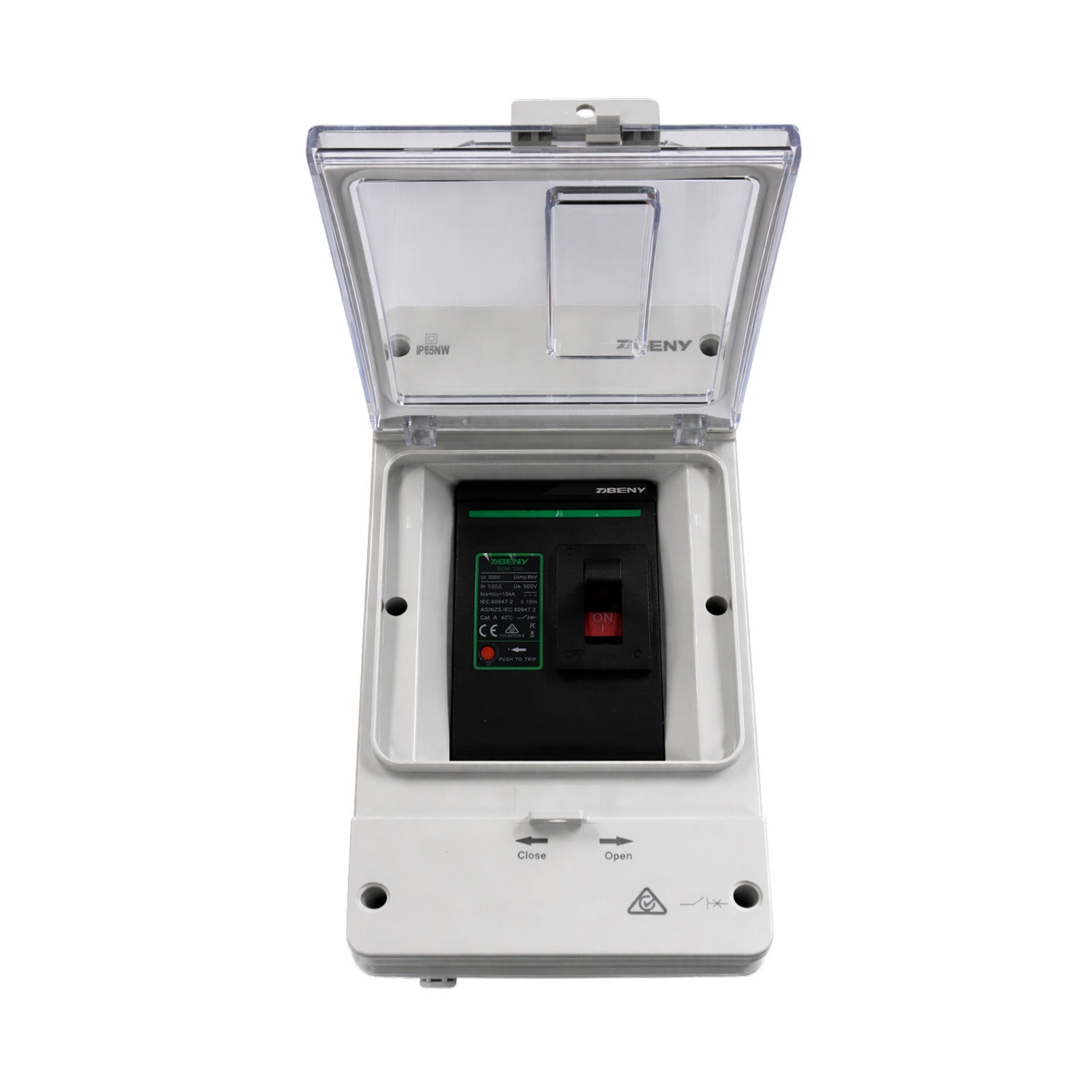 High angle view of the ZJBeny 160A DC circuit breaker with the enclosure lid fully open